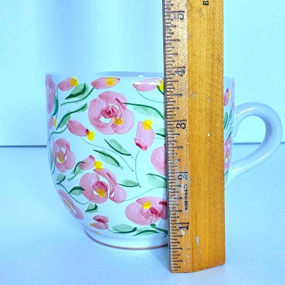 Terra Pink Rose Floral Hand Painted Ceramic 16oz Large Coffee Mugs Set Of 2 - Picture 12 of 14